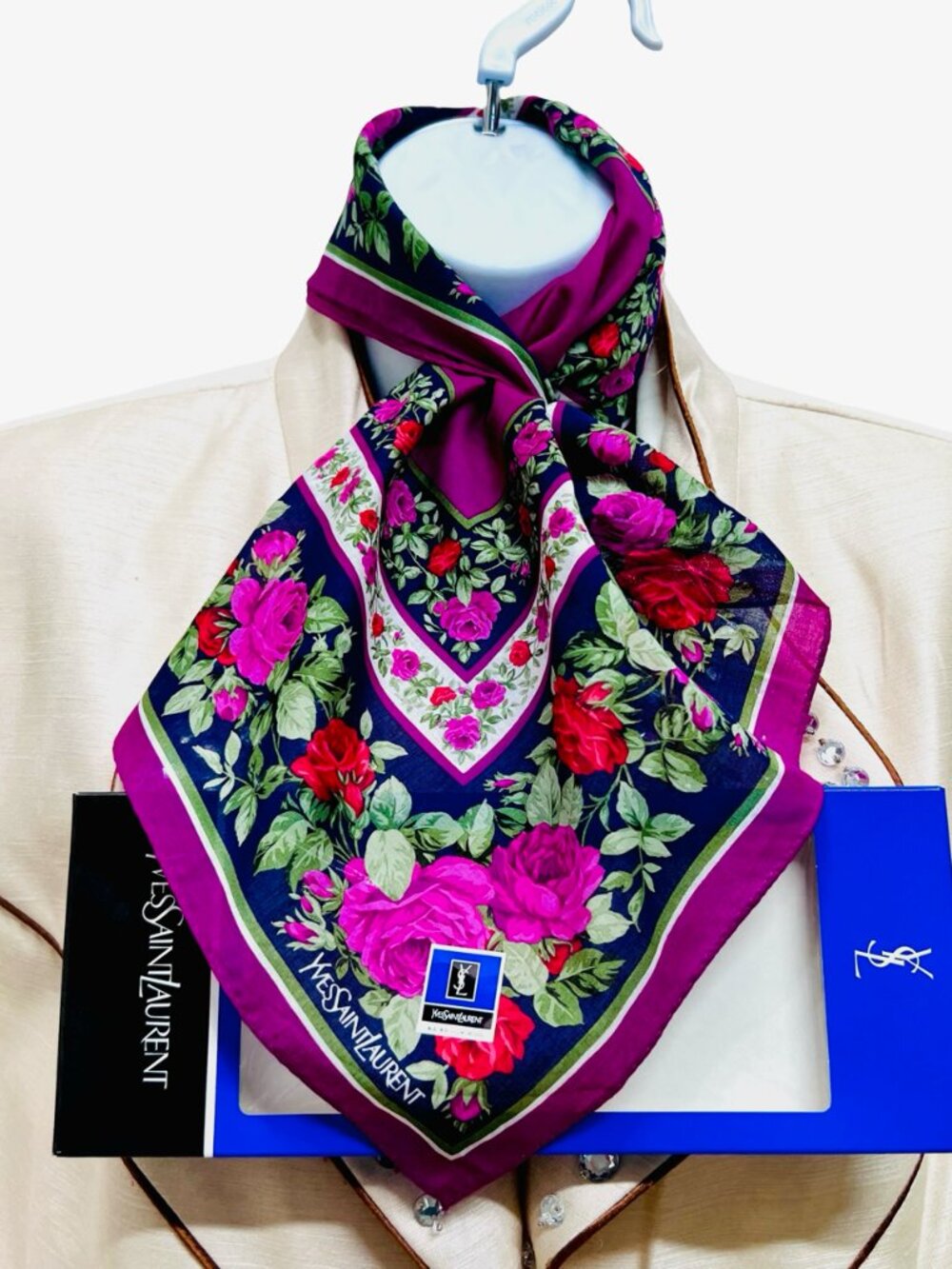 New In Box Yves Saint Laurent Cotton MiniScarf/Handker18.5 Burgendy pinkFlora(45